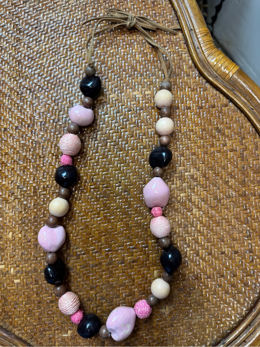 Vintage Kukui Lei Necklace Handcrafted Pink & Brown Beaded Leather Tie